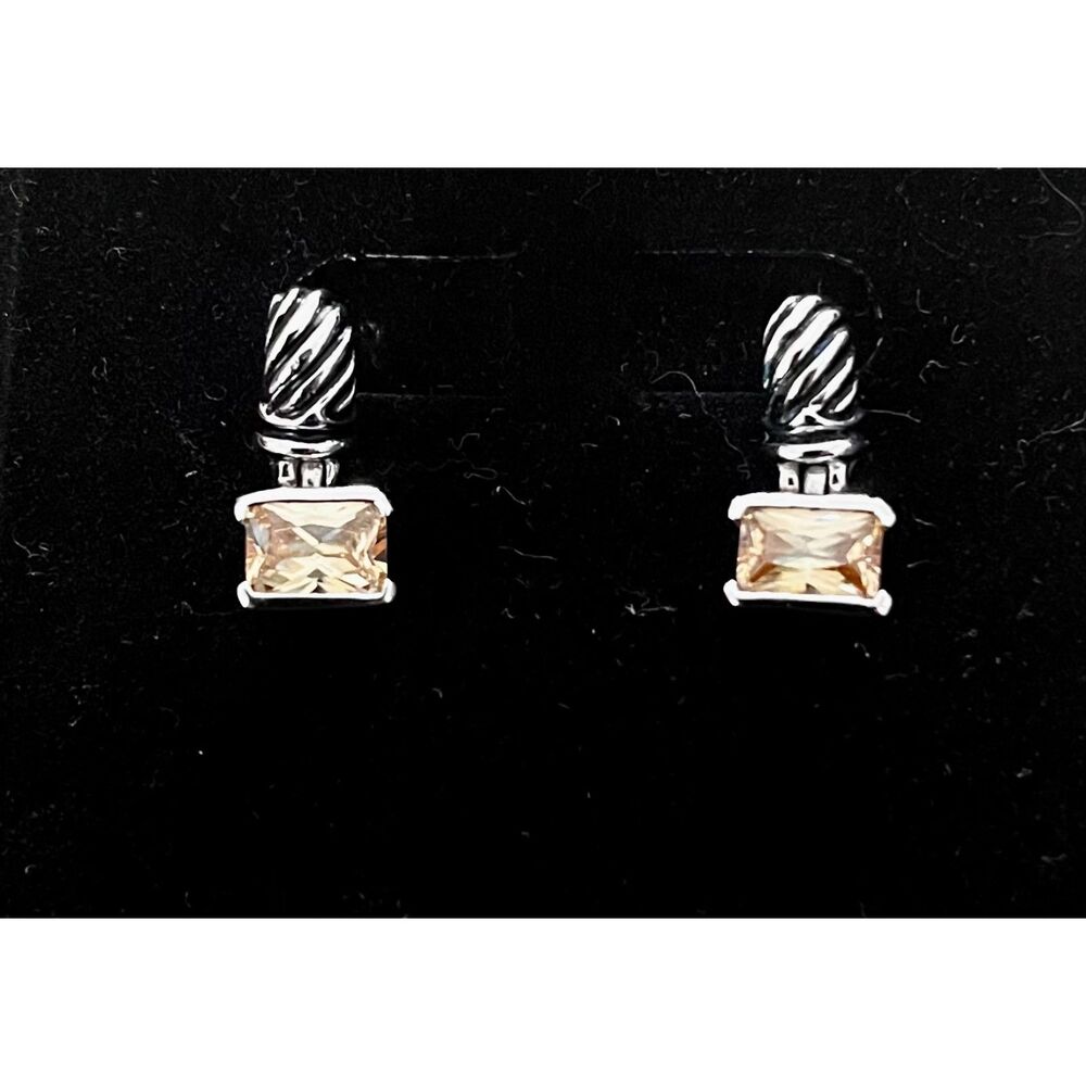 Silver / Black Accent Rope Twist Drop Earrings Cushion Cut Citrine (Post Backs)